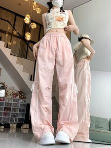 قماش تنفس منتصف الخصر شقة الجبهة السراويل الرياضية عارضة النساء الصيف فضفاضة مستقيم الساق مظلي عادي مصبوغ طويلة - Product Image 6