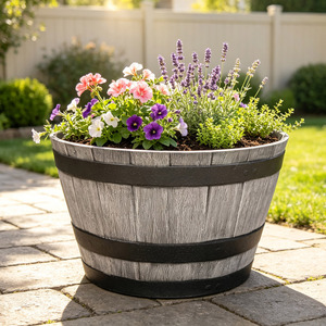 Vasi per Fiori a Forma di Mezza Barile di Grande Capacità, Stile Rustico Fattoria, Contenitori in Finto Legno per Uso Interno ed Esterno - Product Image 4