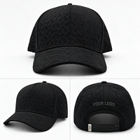 Topi Baseball Custom 6 Panel, Hitam, Pola Bintang Geometris Embos, Kain Twill Premium, Lapisan Satin Putih, Snapback
