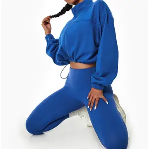 Vestuário esportivo feminino com gola alta, manga longa, zíper, roupas de treino