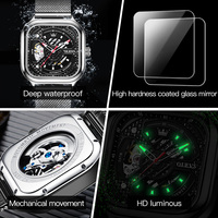 Sélectionné de luxe pour hommes montre-bracelet mécanique carré creux Art Squelette Design en acier inoxydable résistant à l'eau Texture esthétique
