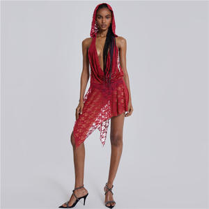 新款别致2024蕾丝设计连帽性感露背连衣裙上衣搭配高腰直腿裤两件套舞会派对装 - Product Image 2