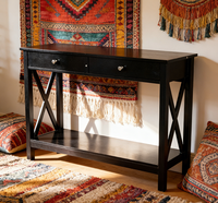 Table basse en bois X-Base, mobilier moderne pour salon, pin noir, deux tiroirs, style panneau, bois pour salon