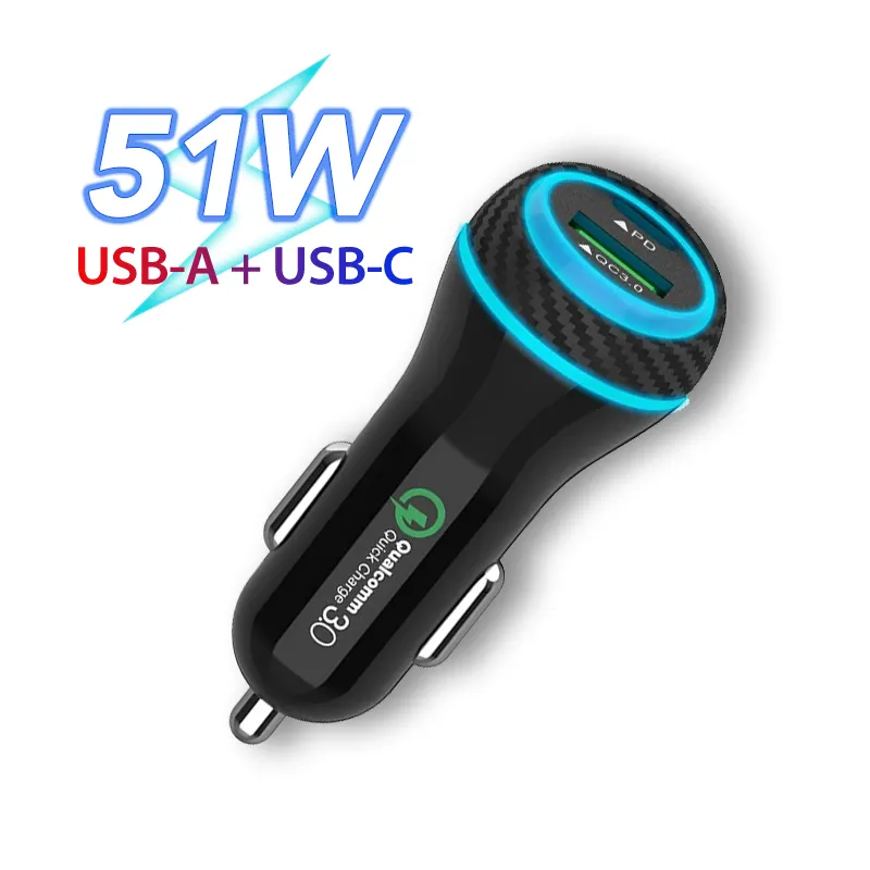 Pengisi daya mobil mini 27W PD dan 18W, pengisi daya mobil usb c indikator Led ultra-cepat tipe-c kompatibel dengan usb 3.0