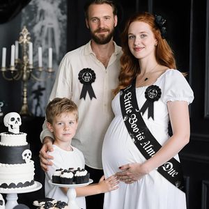 Decorazioni per Baby Shower di Halloween, Stile Gotico con Scheletro, Fascia 'A Little Boo Is Almost Due', Distintivo per Futura Mamma e Papà, Accessori per Feste di Halloween - Product Image 6