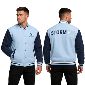 Chaqueta Varsity Azul Claro Unisex Personalizada, Estilo Preppy, Corte Regular, Ropa de Invierno, Lana/Cuero Ecológico, Resistente al Viento y Transpirable - Product Image 1