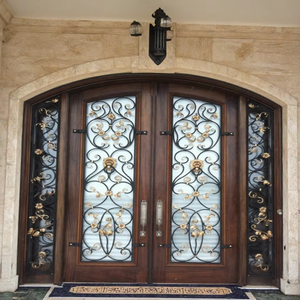 Porta d'Ingresso Principale in Ferro Battuto di Lusso Personalizzata NFRC, Design a <span class=keywords><strong>Doppia</strong></span> <span class=keywords><strong>Anta</strong></span> con Finestra Circolare Superiore - Product Image 5