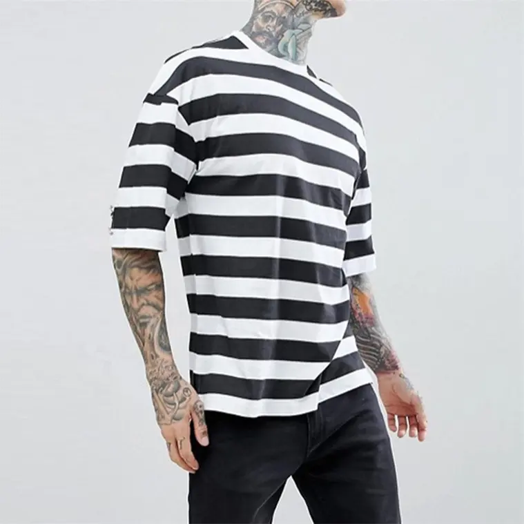 2023 OEM 100% Cotton Private Label Custom Blank Stripe Mens 100% Cotton White Black Tshirts For Men Bulk