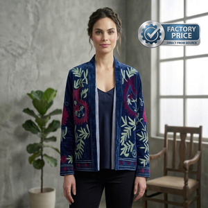 Royal Blue Suzani <b>Velvet</b> <b>Jacket</b> <b>for</b> <b>Women</b> Handmade Floral Embroidery Boho Ethnic Boutique Wholesale Fashion Outerwear Supplier - Product Image 1