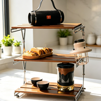 Table de camping pliable légère et portable à 3 niveaux en bois massif avec base trépied carrée moderne en acier inoxydable