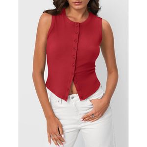 Débardeur court côtelé boutonné sans manches pour femme, gilet tricoté court, idéal pour l'été et les vacances à la plage - Product Image 2