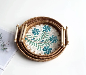 3Pcs Thiết Kế Sang Trọng Tự Nhiên Mây Seashell 22Cm 24Cm 28Cm Bàn Cà Phê Thực Phẩm Ăn Nhẹ Trái Cây Phục Vụ Khay Với Tay Cầm Bằng Gỗ - Product Image 3