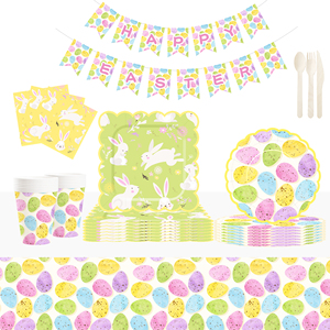 Juego de Vajilla Desechable para Fiesta Temática de Pascua DAMAI, Platos de Papel, Servilletas, Mantel, con Diseño de Conejito y Huevo de Pascua - Product Image 1