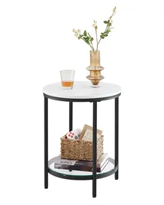 VASAGLE meja bulat gaya modern, dengan logam hitam marmer putih terlihat ruang tamu meja kopi kecil