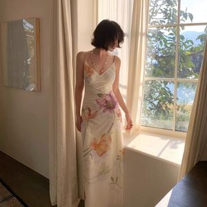 French Style Elegant Mesh Printed <b>Slip</b> Dress Women Long Floral V Neck Backless Summer Nightwear Sleepwear Dress - Product Image 1