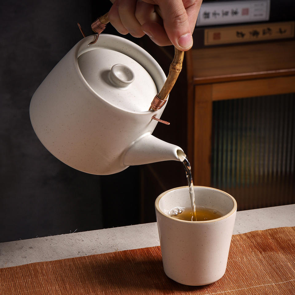 White Chinese Japanese Japandi Ceramic Tea Cup Bamboo Handle Lifting ...