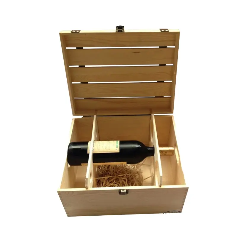 Kotak anggur kayu dengan tutup untuk 3 botol wadah penyimpanan anggur kayu paket anggur Logo ukuran kustom kotak hadiah kayu