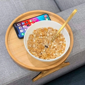 पेय के लिए लकड़ी के ट्रे के साथ गोल बांस भंडारण रैक आर्मरेस्ट क्लिप साइड टेबल - Product Image 2