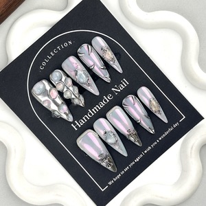 <span class=keywords><strong>Uñas</strong></span> de Gel 3D Estilo Punk, Personalizadas de Fábrica, Forma Almendrada, Plateadas, Pintadas a Mano, con Dijes Esculpidos en 3D, <span class=keywords><strong>Uñas</strong></span> Acrílicas de Cobertura Completa, Punta de Uña Cruzada - Product Image 2