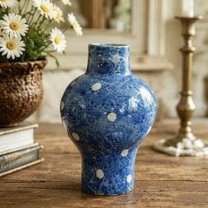 Speckled Cobalt Blue White Polka Dot Assorted Shapes Ceramic Vase Set Vintage <strong>Cottage</strong> Table Decor Vase - Product Image 4