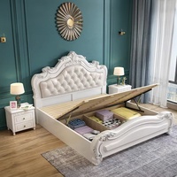 Lit plateforme de luxe en bois massif de style européen français avec tête de lit capitonnée - Cadre de lit rembourré King Size avec rangement hydraulique