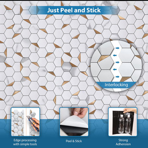 厨房后挡板用铝皮粘墙砖条聚氯乙烯金色和白色自粘马赛克瓷砖 - Product Image 3
