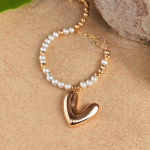 Fashion <b>Beaded</b> <b>Bracelet</b> 316L Stainless Steel PVD <b>Gold</b> Plating Heart Pendant Sustainable Resistant Jewelry - Product Image 3