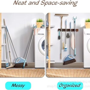 Wooden Wall Mounted <b>Mop</b> And Broom Rack With Hooks For <b>Cleaning</b> Tools Storage Punch Free Installation - Product Image 5