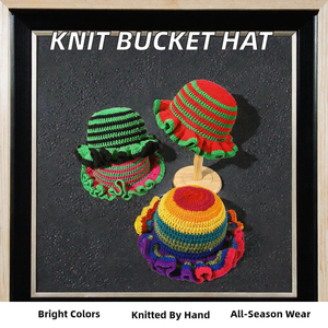 หมวกบักเก็ตถักลายทางสำหรับผู้หญิง ขายดี สำหรับฤดูหนาว ทำมือ สไตล์ลำลอง หมวกโครเชต์ทรงบีนนี่ ตกแต่งขอบระบายสีสันสดใส - Product Image 2