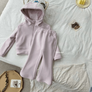 Tongxingyuan Girls' Hooded Zipper Sweatshirt Set Thickening Cotton Solid Color Two-Piece Outfit Autumn Winter Kids Clothing - Product Image 3