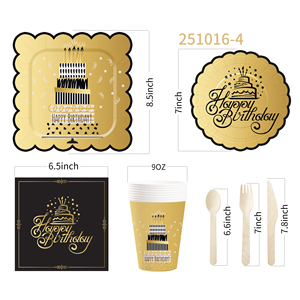 DAMAI Nuevo Diseño Dorado y Negro, Juego de Vajilla Desechable para Fiesta de Cumpleaños, Platos, Servilletas y Vasos de Papel, para 8 Personas - Product Image 5