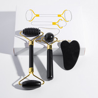 Ensemble de masseur facial en jade noir en trois parties avec rouleau et bâton de massage pour le visage
