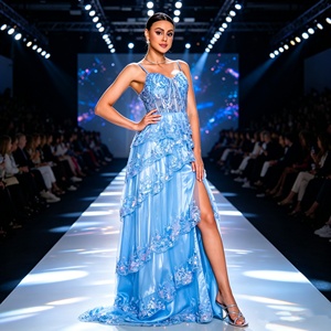 Vestido de Noche Elegante Azul Claro con Lentejuelas para Mujer, Vestido de <span class=keywords><strong>Fiesta</strong></span> Sirena con Tirantes Finos y Corsé, con Abertura Alta - Product Image 1