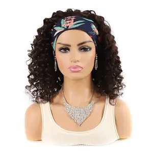 Afrika siyah kadın moda nefes 14 inç 2 # renk peruk derin kıvırcık insan saçı kısa peruk ayarlanabilir siyah hairband