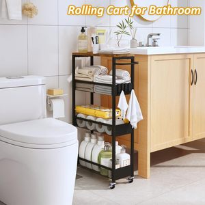 Kitchen Storage Cart Metal Rolling Shelf Narrow Space Organizer With Wheels For Pantry Food Container Home Use Minimalist Design - Product Image 4
