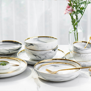 Assiette à dîner en marbre gris à bordure dorée pour restaurant hôtel maison plats ronds en céramique - Product Image 4