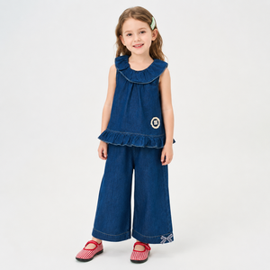MZJ Set 2 Pezzi in Denim <span class=keywords><strong>per</strong></span> Ragazze, 100% Cotone, Top Senza Maniche con Colletto a Volant, <span class=keywords><strong>Pantaloni</strong></span> a Gamba Larga con Elastico in Vita, Orlo con Fiocco, Elegante - Product Image 2