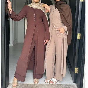 Dubai Turkish Solid Color Buttoned Robe and Pants Women's 2 Piece <b>Set</b> Fashion - Product Image 2
