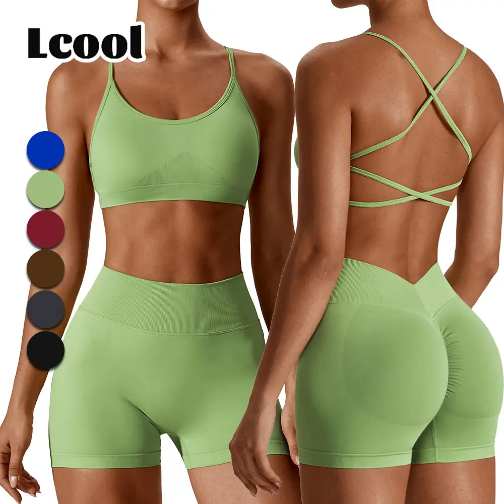 Lcool 2023 Logo personnalisé Fitness vêtements ropa deportiva Gym ActiveWear 2 PC femmes athlétique sans couture yoga soutien-gorge Shorts ensembles de gymnastique