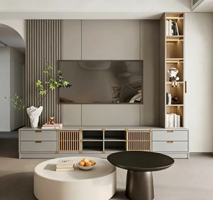 Minimalist Oriental-Style <b>TV</b> Stand - Sleek Living Room Furniture with Wooden Grid Accents & Integrated Storage Organization - Product Image 6