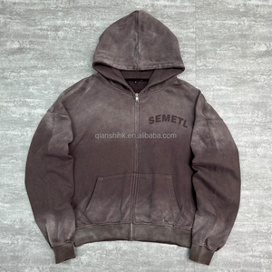 Personnalisé Soleil Délavé Printemps Sérigraphie Fermeture Éclair À Capuche Vintage Français Terry Coton À Capuche Surdimensionné Acide Lavage Zip Up À Capuche - Product Image 1