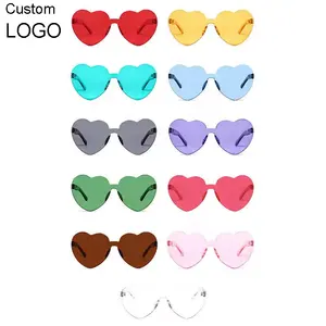 Cheap Price Custom Logo Rainbow Frameless Lens Eyewear Candy Color PC Rimless Sunglasses Pink Love Heart Shaped Glass Sunglasses