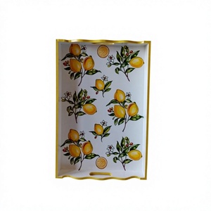 Rectangular Wood MDF Decorative <b>Tray</b> With Floral Pattern Blue And <b>Gold</b> Traditional Design Handle For <b>Serving</b> Or Display - Product Image 4
