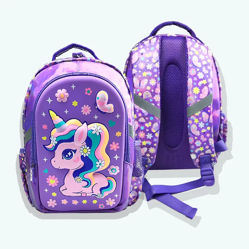 2023 mode nouveau design licorne sac à dos recyclé étanche filles cartable violet EVA et polyester étudiants sac d'école