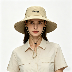 Chapeau de safari extérieur en maille respirante kaki à large bord, protection UV, avec sangle de menton réglable, unisexe, imprimé lettres - Product Image 1