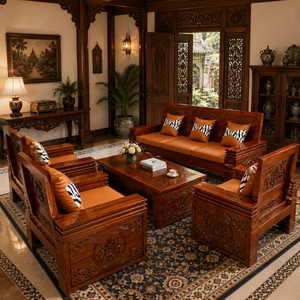Juego de Sofás de Madera de Teca Sólida Cuadrada Tradicional de Jepara, con Detalles Tallados a Mano, Sofá Cama Premium de Tres Plazas para Sala de Estar - Product Image 1