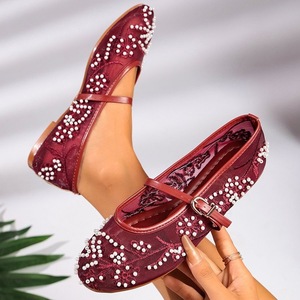 Single Buckle Strap Flats Mesh Floral Embroidery Pearl Beaded <b>Evening</b> Shoes - Product Image 4