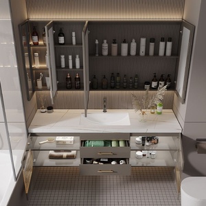 Tủ phòng tắm bằng gỗ rắn tối giản hiện đại với Bộ Gương thông minh, kết hợp với mặt bàn đá granit và chậu rửa tích hợp - Product Image 5