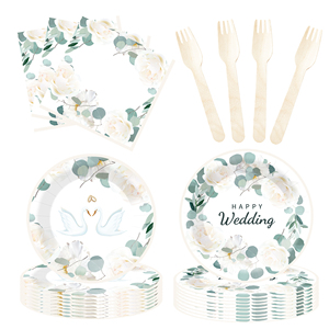 Juego de vajilla desechable para fiestas DAMAI, platos de papel con diseño floral de hojas verdes para suministros de boda, para 8 personas. - Product Image 4