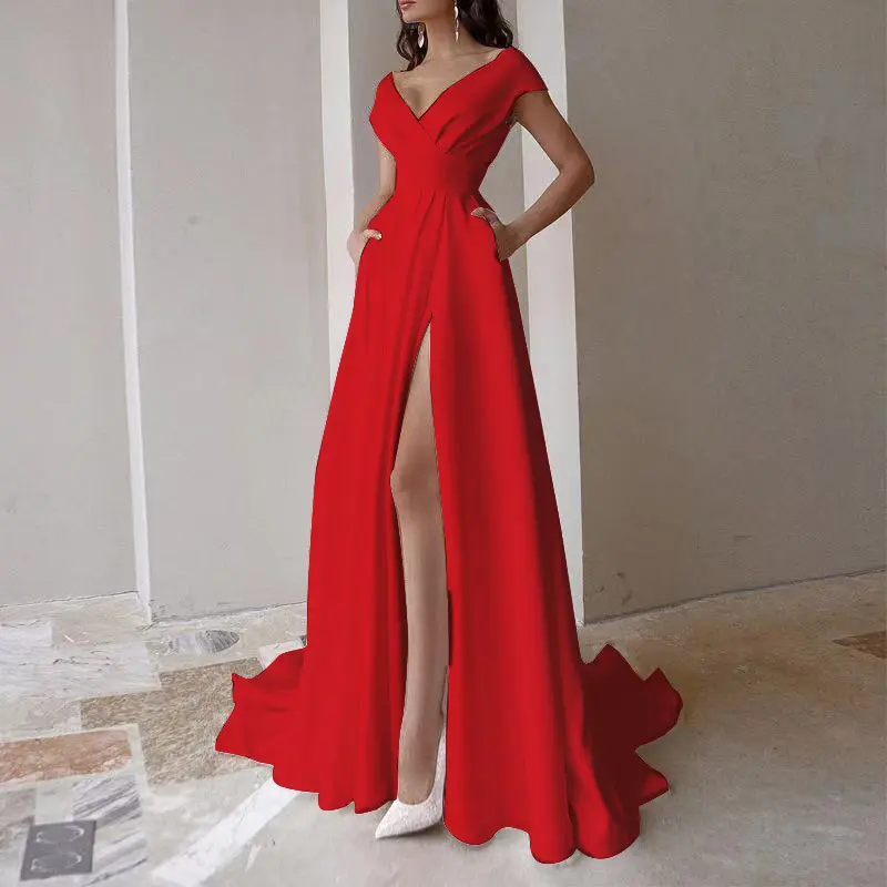 2024 Offre Spéciale femmes poitrine enveloppement à volants rouge noir blanc mi-taille couleur unie robes de banlieue robe de soirée